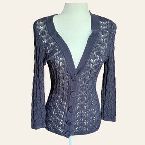 Ann Taylor VTG Silk Cotton Open Knit Pointelle Cardigan Sz XS Navy Quiet Luxury